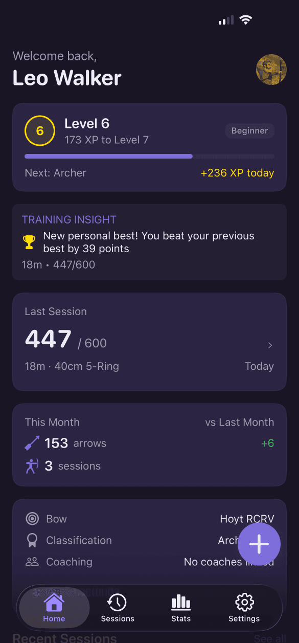 Archery score tracker dashboard showing level progress and training insights