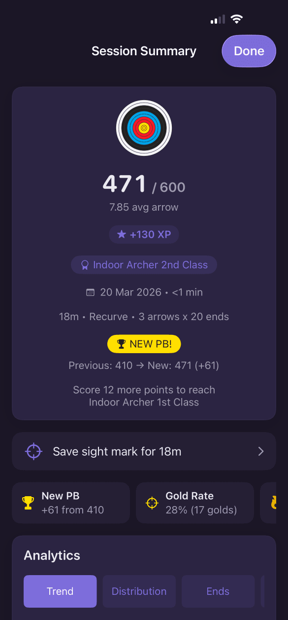 Archery session summary with XP reward and analytics overview